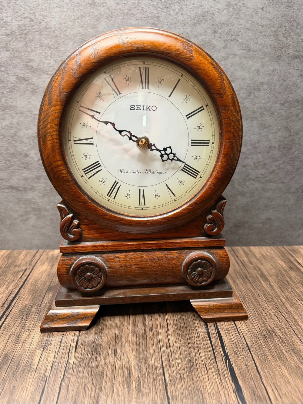 Seiko Brown Wood Carved Mantel Clock with Roman Dial